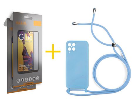 Pack 2 X Protector de Vidrio Templado Full + Funda ACCETEL para Samsung Galaxy A12 4G Gel con Cordón Azul