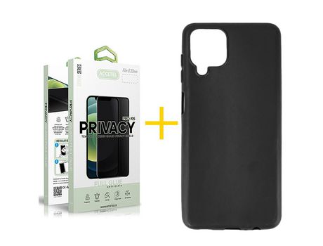 Pack 1 X Protector de Vidrio Templado Anti espía + Funda ACCETEL para Samsung Galaxy A12 5G Silicona Liso Negro