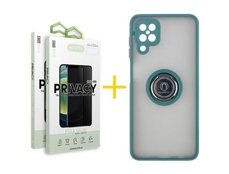 Pack 2 X Protector de Vidrio Templado Anti espía + Funda ACCETEL para Samsung Galaxy A12 5G Gel Bumper con Anillo Verde
