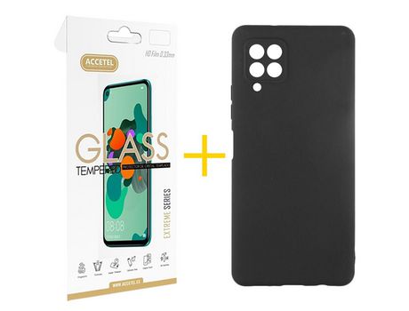 Pack 1 X Protector de Vidrio Templado 2.5D + Funda ACCETEL para Samsung Galaxy A12 4G Silicona Líquida Negro