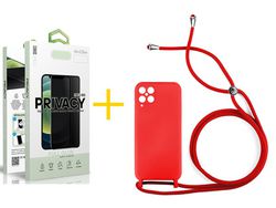 Pack 1 Película Antiespia + Funda SKYHE para Samsung Galaxy A12 4G Gel con Cordón Rojo