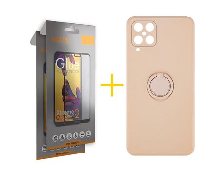 Pack 2 X Protector de Vidrio Templado Full + Funda ACCETEL para Samsung Galaxy A12 4G Gel O-Ring Rosa Pastel