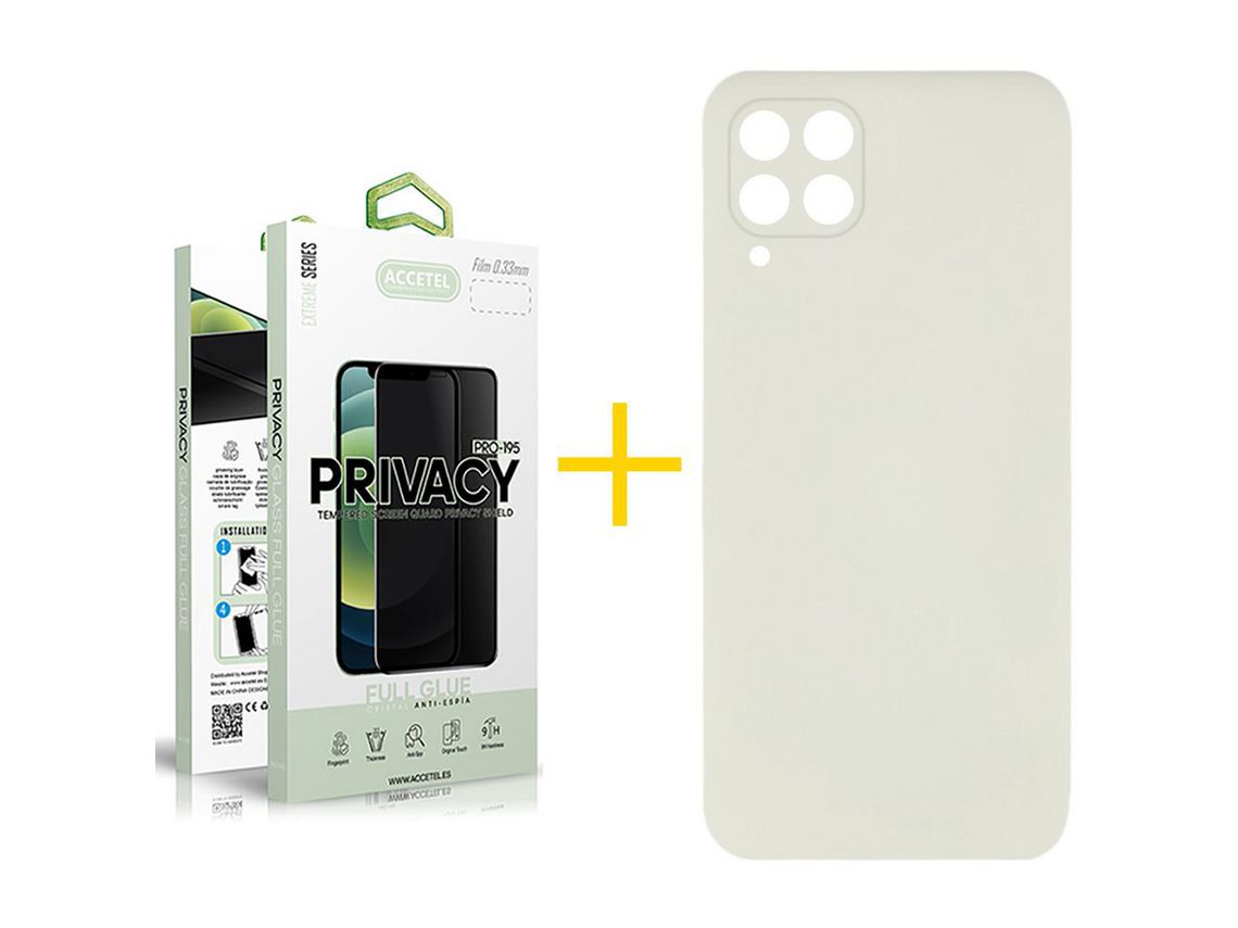 Pack 1 X Protector de Vidrio Templado Anti espía + Funda ACCETEL para Samsung Galaxy M22 Silicona Líquida Arena
