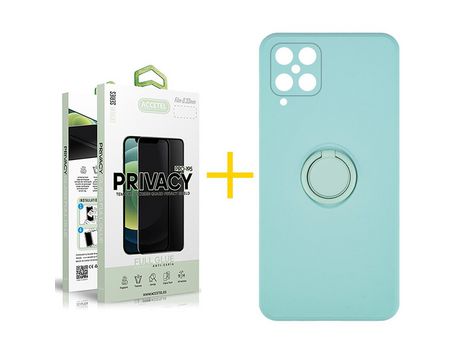 Pack 1 X Protector de Vidrio Templado Anti espía + Funda ACCETEL para Samsung Galaxy A12 5G Gel O-Ring Verde-Agua