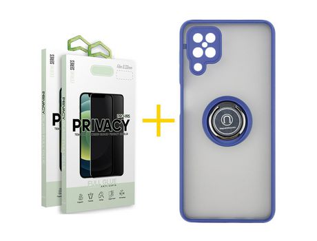 Pack 2 Películas Antiespia + Funda SKYHE para Samsung Galaxy M22 Gel Bumper con Anillo Azul