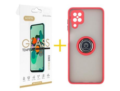 Pack 1 X Protector de Vidrio Templado 2.5D + Funda ACCETEL para Samsung Galaxy A12 5G Gel Bumper con Anillo Rojo