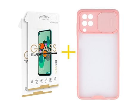 Pack 2 Películas 2.5D + Funda SKYHE para Samsung Galaxy M12 Gel Protteción Cámara Rosa