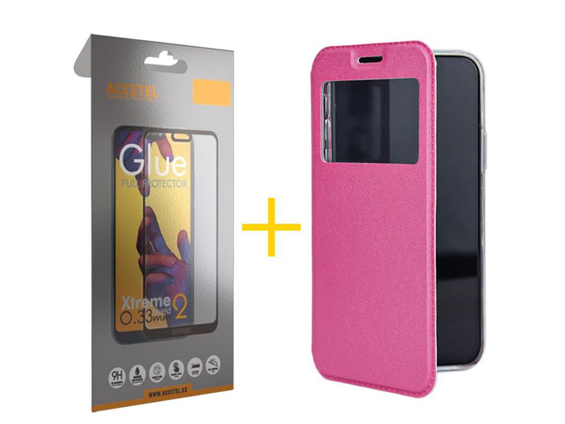 Pack 1 X Protector de Vidrio Templado Full + Funda ACCETEL para Samsung Galaxy A73 5G Flip Cover Gandy Rosa