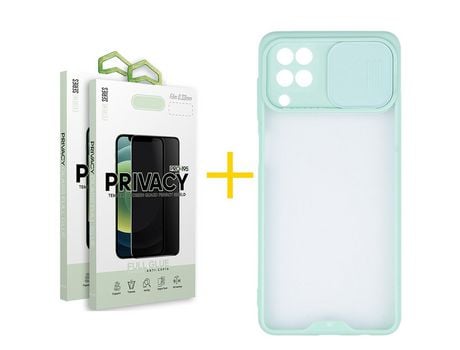 Pack 2 Películas Antiespia + Funda SKYHE para Samsung Galaxy M22 Gel Protteción Cámara Verde-Mar