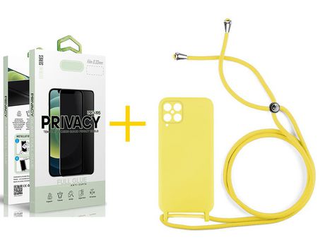 Pack 1 Película Antiespia + Funda SKYHE para Samsung Galaxy A12 5G Gel con Cordón Amarillo