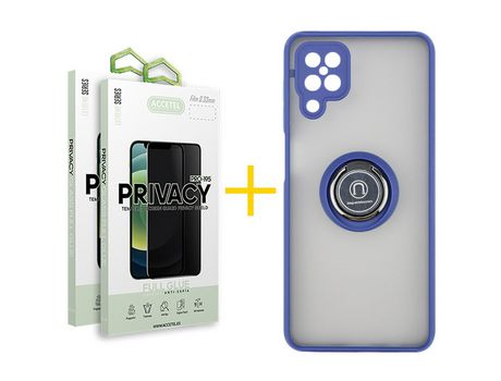 Pack 2 X Protector de Vidrio Templado Anti espía + Funda ACCETEL para Samsung Galaxy A12 4G Gel Bumper con Anillo Azul