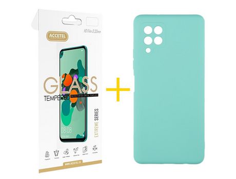 Pack 1 X Protector de Vidrio Templado 2.5D + Funda ACCETEL para Samsung Galaxy A12 4G Silicona Líquida Verde-Agua