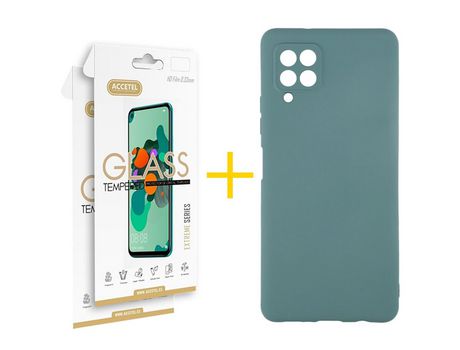 Pack 2 X Protector de Vidrio Templado 2.5D + Funda ACCETEL para Samsung Galaxy A22 4G Silicona Líquida Verde