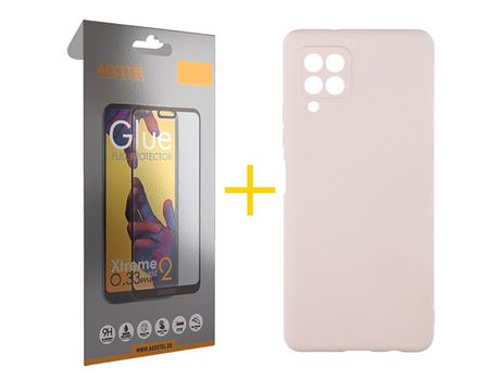 Pack 1 X Protector de Vidrio Templado Full + Funda ACCETEL para Samsung Galaxy A12 4G Silicona Líquida Rosa