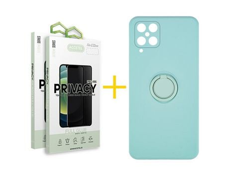 Pack 2 X Protector de Vidrio Templado Anti espía + Funda ACCETEL para Samsung Galaxy A12 5G Gel O-Ring Verde-Agua