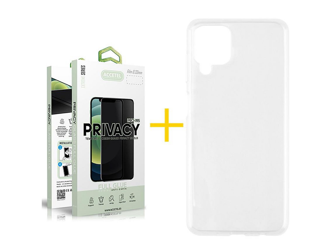 Pack 1 X Protector de Vidrio Templado Anti espía + Funda ACCETEL para Samsung Galaxy M22 Silicona Liso Transparente Escarchado