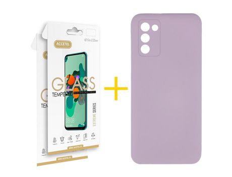 Pack Carcasa + 2 Protectores de Pantalla Cristal Templado para Samsung Galaxy A03S ACCETEL Morado