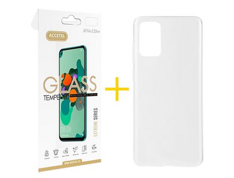 Pack 1 X Protector de Vidrio Templado 2.5D + Funda ACCETEL para Samsung Galaxy S20 Plus 5G Silicona Liso Transparente Clear