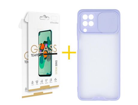 Pack 2 Películas 2.5D + Funda SKYHE para Samsung Galaxy M22 Gel Protteción Cámara Violeta