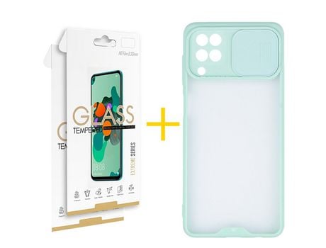 Pack 2 Películas 2.5D + Funda SKYHE para Samsung Galaxy M22 Gel Protteción Cámara Verde-Mar