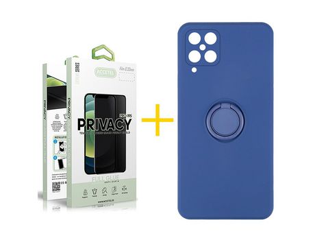 Pack 1 X Protector de Vidrio Templado Anti espía + Funda ACCETEL para Samsung Galaxy A12 4G Gel O-Ring Azul