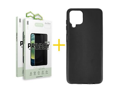 Pack 2 X Protector de Vidrio Templado Anti espía + Funda ACCETEL para Samsung Galaxy A12 5G Silicona Liso Negro