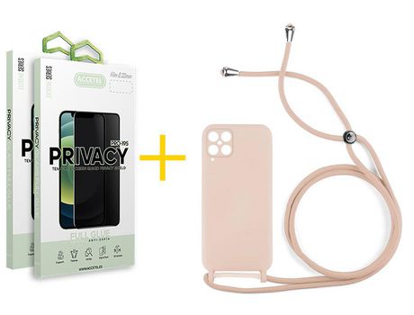 Pack 2 X Protector de Vidrio Templado Anti espía + Funda ACCETEL para Samsung Galaxy A12 5G Gel con Cordón Rosa Pastel