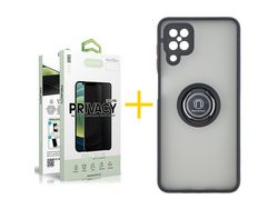 Pack 1 X Protector de Vidrio Templado Anti espía + Funda ACCETEL para Samsung Galaxy M12 Gel Bumper con Anillo Negro