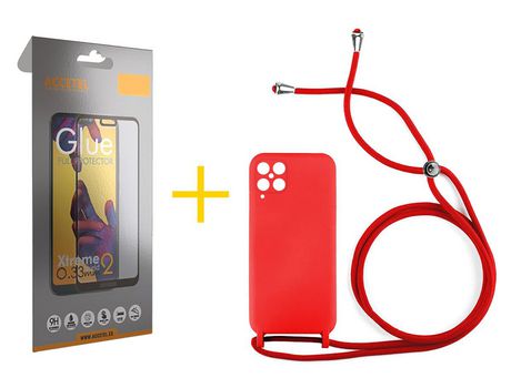 Pack 1 X Protector de Vidrio Templado Full + Funda ACCETEL para Samsung Galaxy M22 Gel con Cordón Rojo