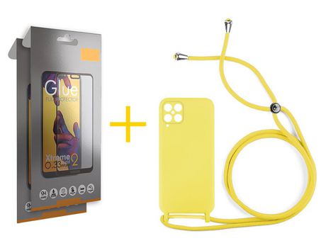 Pack 2 Películas Full + Funda SKYHE para Samsung Galaxy A12 5G Gel con Cordón Amarillo