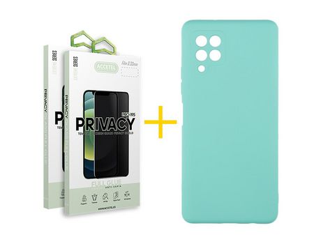 Pack 2 X Protector de Vidrio Templado Anti espía + Funda ACCETEL para Samsung Galaxy A42 5G Silicona Líquida Verde-Agua