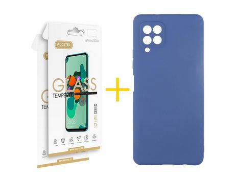 Pack 2 X Protector de Vidrio Templado 2.5D + Funda ACCETEL para Samsung Galaxy A12 4G Silicona Líquida Azul