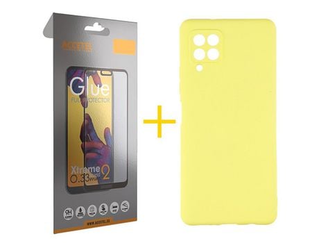 Pack 1 X Protector de Vidrio Templado Full + Funda ACCETEL para Samsung Galaxy A12 4G Silicona Líquida Amarillo