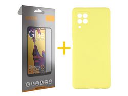 Pack 1 X Protector de Vidrio Templado Full + Funda ACCETEL para Samsung Galaxy A12 4G Silicona Líquida Amarillo