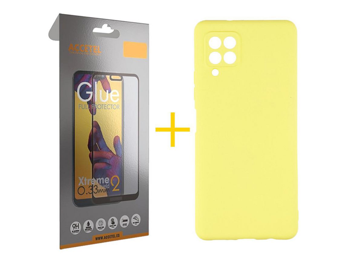 Pack 1 X Protector de Vidrio Templado Full + Funda ACCETEL para Samsung Galaxy A12 4G Silicona Líquida Amarillo