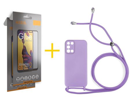 Pack 2 X Protector de Vidrio Templado Full + Funda ACCETEL para Samsung Galaxy A03S Gel con Cordón Lila