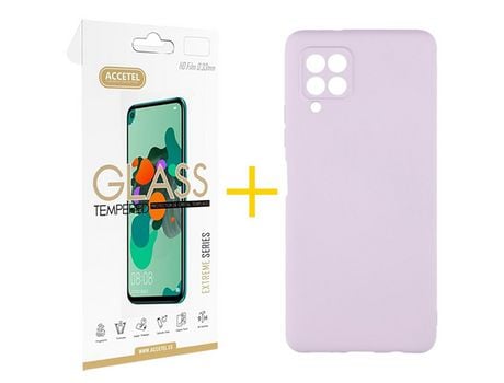 Pack 1 X Protector de Vidrio Templado 2.5D + Funda ACCETEL para Samsung Galaxy A12 4G Silicona Líquida Morado