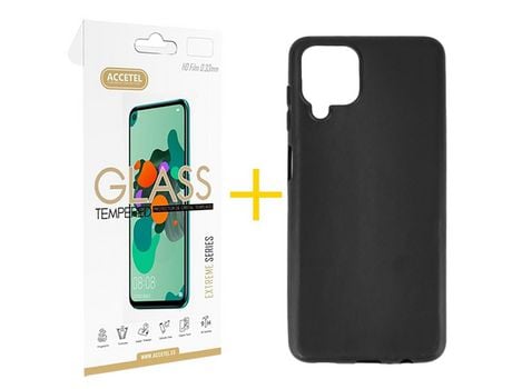 Pack 1 X Protector de Vidrio Templado 2.5D + Funda ACCETEL para Samsung Galaxy M22 Silicona Liso Negro
