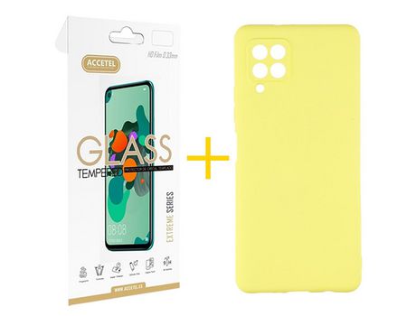 Pack 1 X Protector de Vidrio Templado 2.5D + Funda ACCETEL para Samsung Galaxy A22 4G Silicona Líquida Amarillo