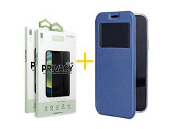 Pack 2 X Protector de Vidrio Templado Anti espía + Funda ACCETEL para Samsung Galaxy A23 5G Flip Cover Gandy Azul