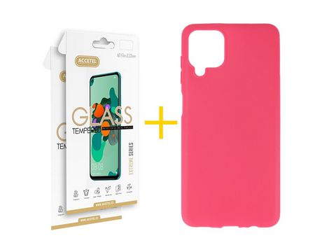Pack 2 X Protector de Vidrio Templado 2.5D + Funda ACCETEL para Samsung Galaxy M22 Silicona Liso Rosa