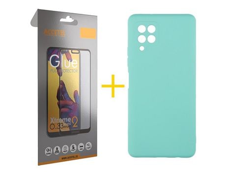 Pack 1 X Protector de Vidrio Templado Full + Funda ACCETEL para Samsung Galaxy A12 4G Silicona Líquida Verde-Agua