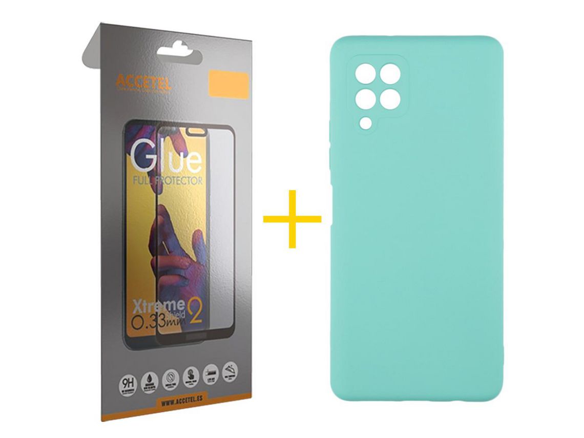 Pack 1 X Protector de Vidrio Templado Full + Funda ACCETEL para Samsung Galaxy A12 4G Silicona Líquida Verde-Agua