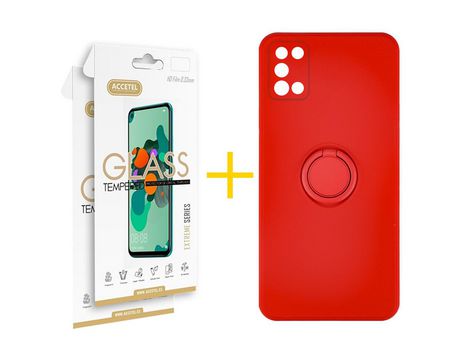 Pack 2 X Protector de Vidrio Templado 2.5D + Funda ACCETEL para Samsung Galaxy A03S Gel con Cordón Rojo
