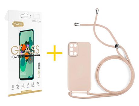 Pack 1 X Protector de Vidrio Templado 2.5D + Funda ACCETEL para Samsung Galaxy A03S Gel con Cordón Rosa Pastel