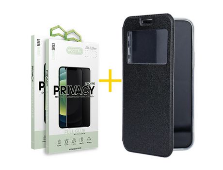 Pack 2 X Protector de Vidrio Templado Anti espía + Funda ACCETEL para Samsung Galaxy A70 Flip Cover Gandy Negro