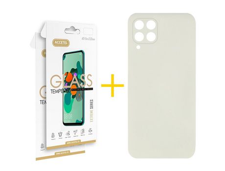 Pack 2 X Protector de Vidrio Templado 2.5D + Funda ACCETEL para Samsung Galaxy A22 4G Silicona Líquida Arena