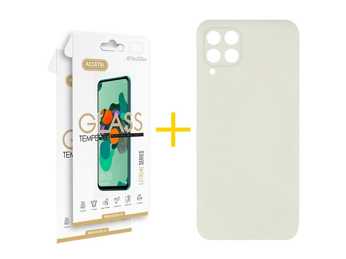 Pack 2 X Protector de Vidrio Templado 2.5D + Funda ACCETEL para Samsung Galaxy A12 4G Silicona Líquida Arena