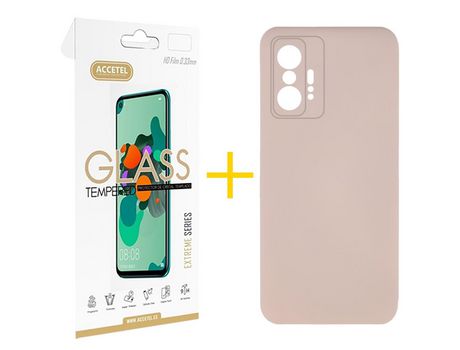 Pack 1 X Protector de Vidrio Templado 2.5D + Funda ACCETEL para Xiaomi 11T Pro Silicona Líquida Rosa