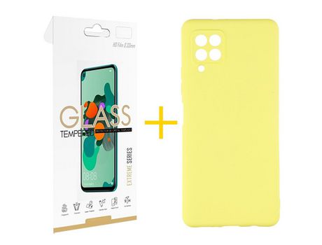 Pack 1 Película 2.5D + Funda SKYHE para Samsung Galaxy A12 4G Silicona Líquida Amarillo